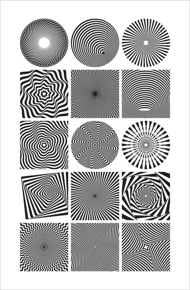 Black and white geometric abstract hypnotic pattern. optical illusion art. Set of striped abstract shapes. Set of op art textures in zebra pattern design. vector