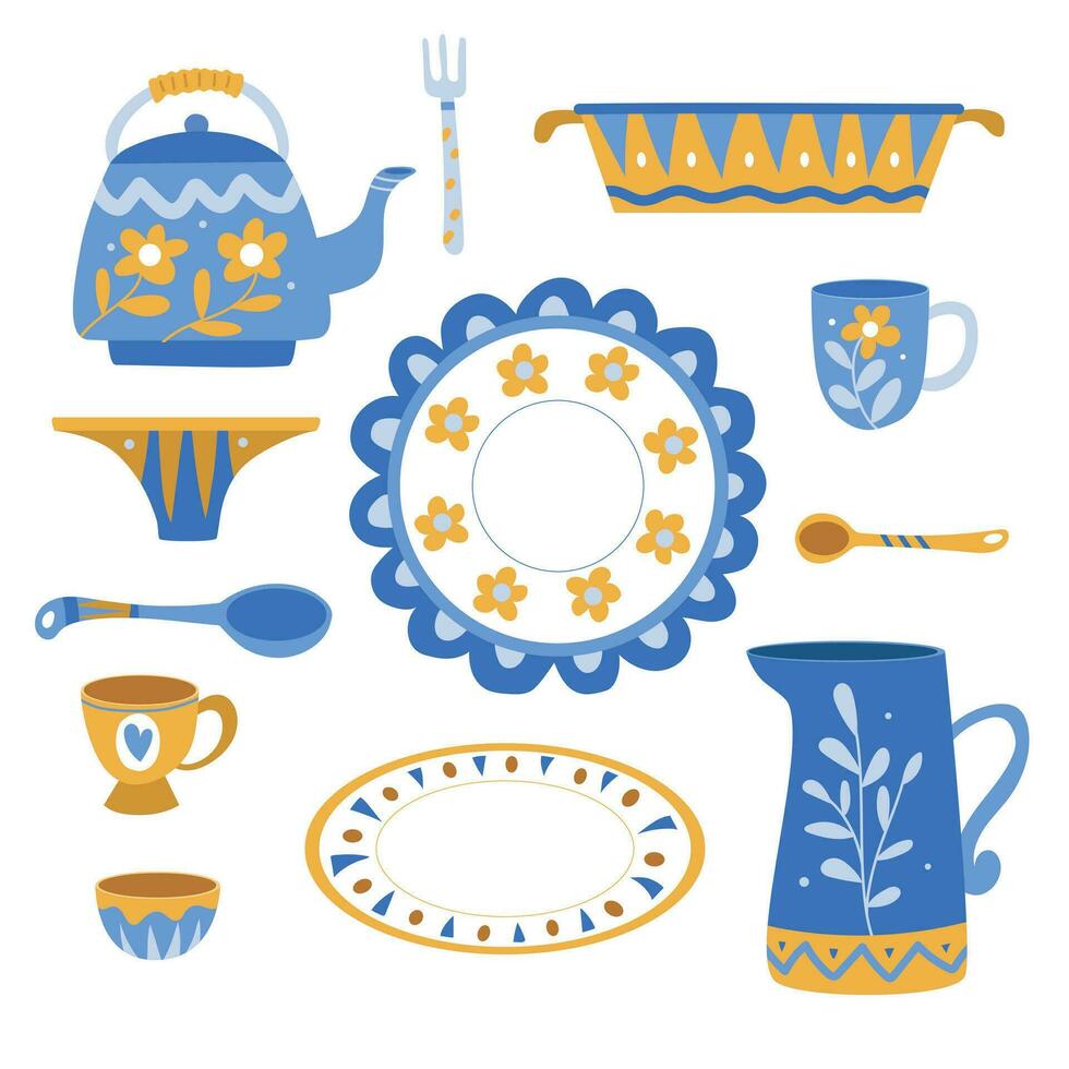 Cute tableware ceramic vector set