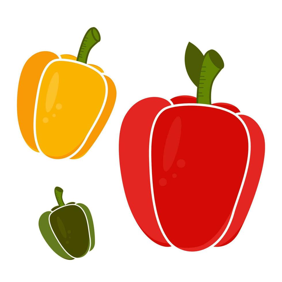 plano ilustración de rojo, verde y amarillo pimientos en blanco antecedentes vector