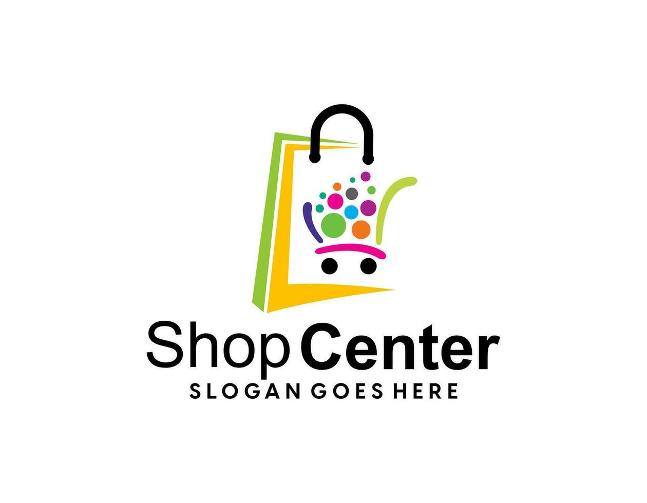 sonrisa tienda logo con bolso icono para mi comercio y Tienda logo vector