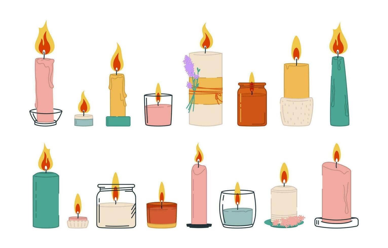A set of modern wax scented candles, various handmade craft designer candles in a glass jar, tin. Home aromatherapy, home decoration. Vector illustration