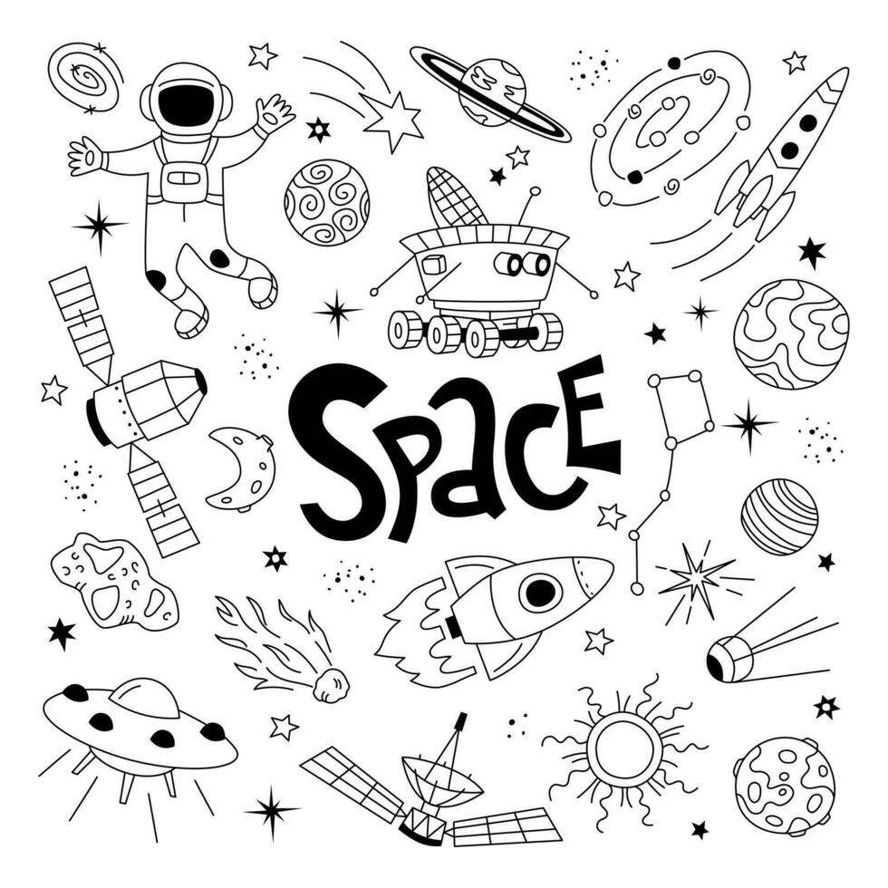 Hand drawn set of space objects with satellite, stars, meteorites, planets, lunar rover and astronaut on white background. Vector collection of doodles