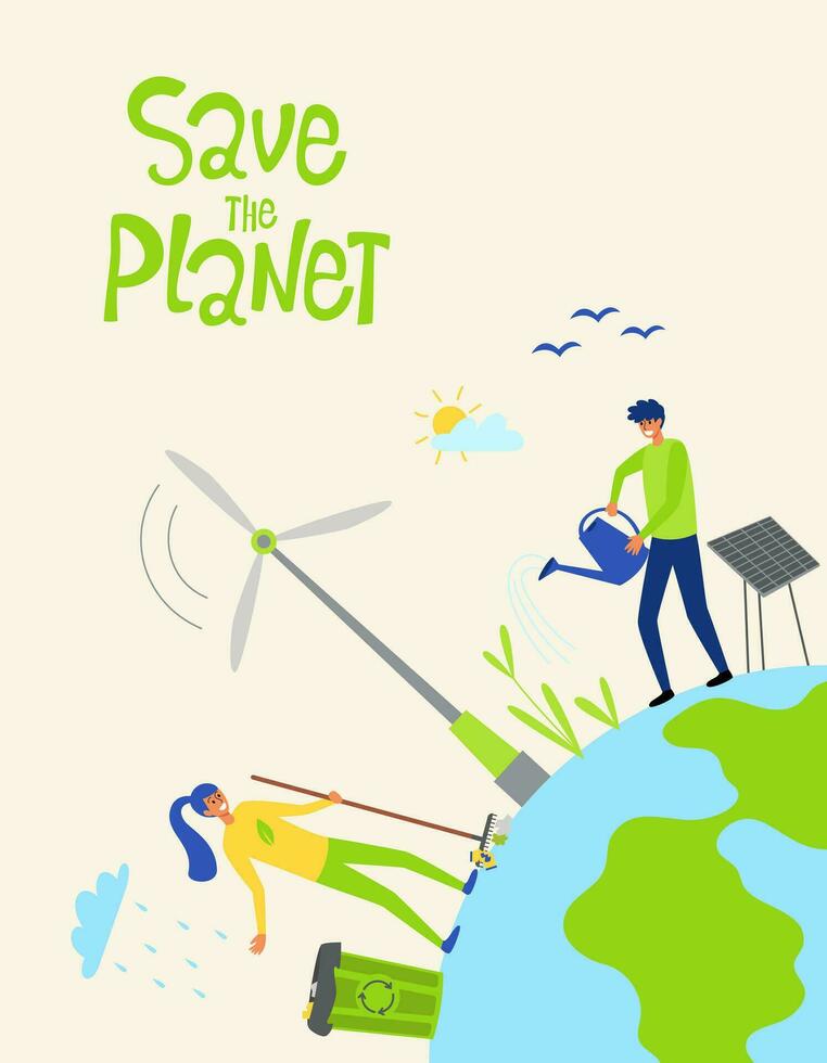 Save planet earth. Earth Day. People clean up and take care of the planet. Planting and watering plants. Vector template for card, poster, banner, flyer