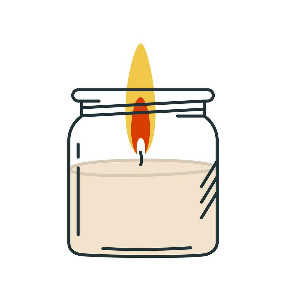 Wax candle in a glass jar. Home aromatherapy, home decoration. Vector isolated illustration