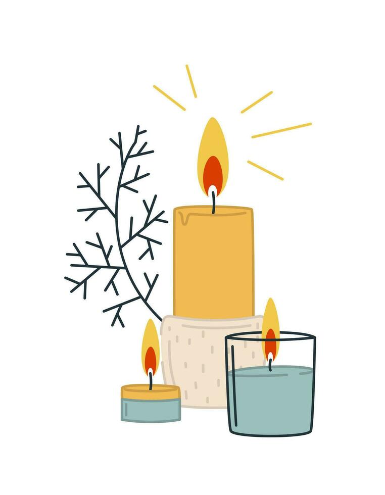Scented wax candles in different sizes with a sprig. Home aromatherapy, home decoration. Vector isolated illustration
