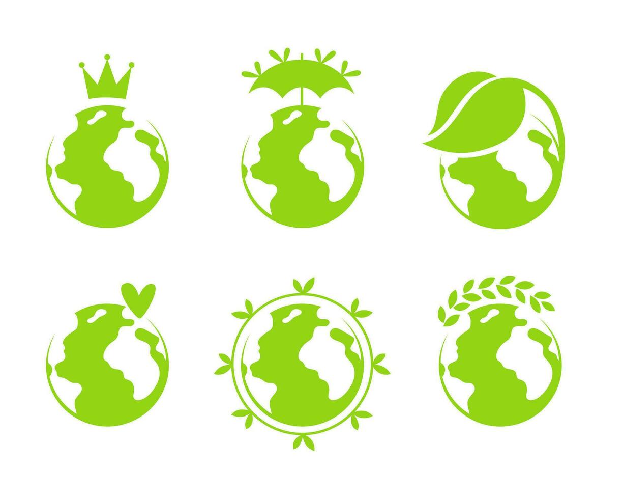 Set of eco planet sign, logos, icons. Green world, earth conservation and ecology. Vector simple illustration