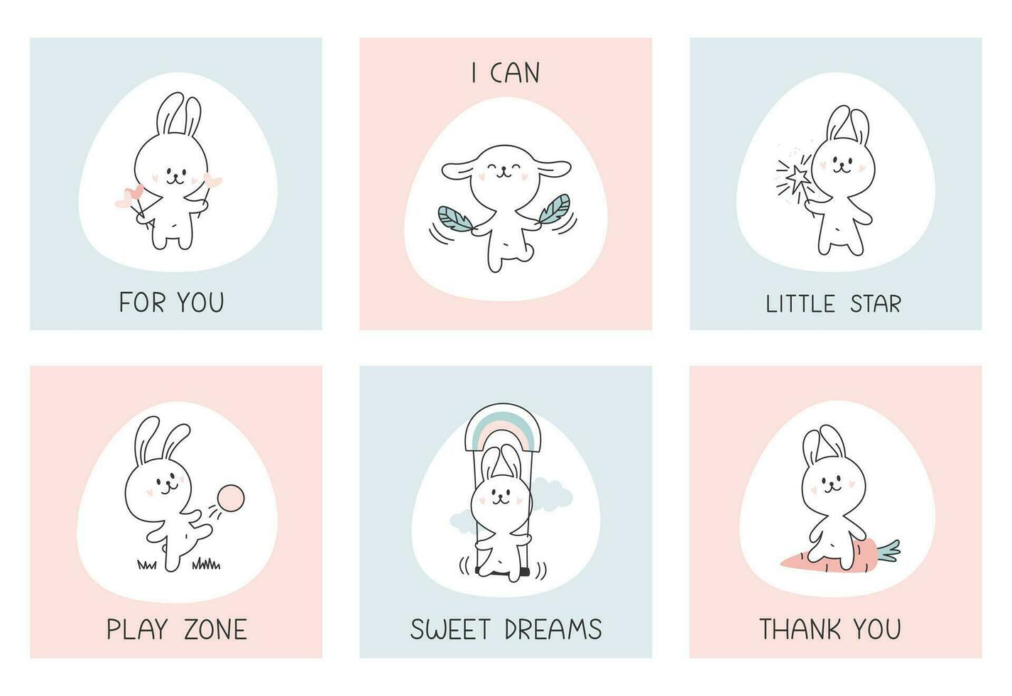A set of cards with cute animals, rabbits, hares and inscriptions. simple line vector illustration