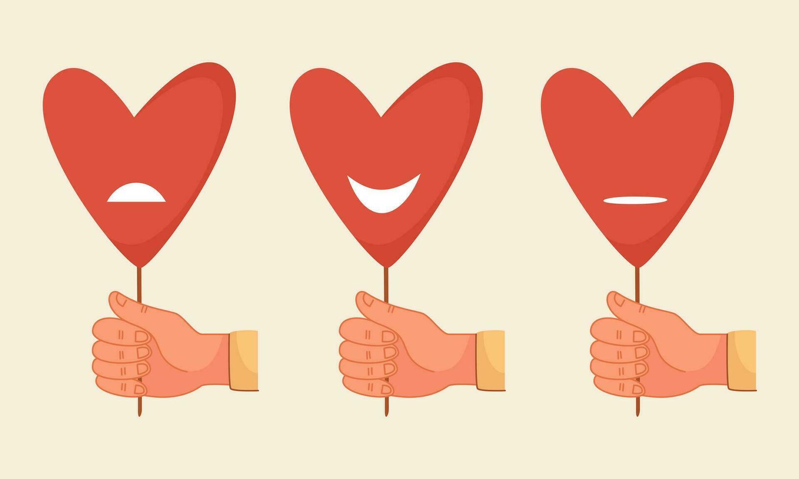 A hand holds a heart on a stick with different expressions of emotions. Good, bad, normal mood. Vector flat illustration.