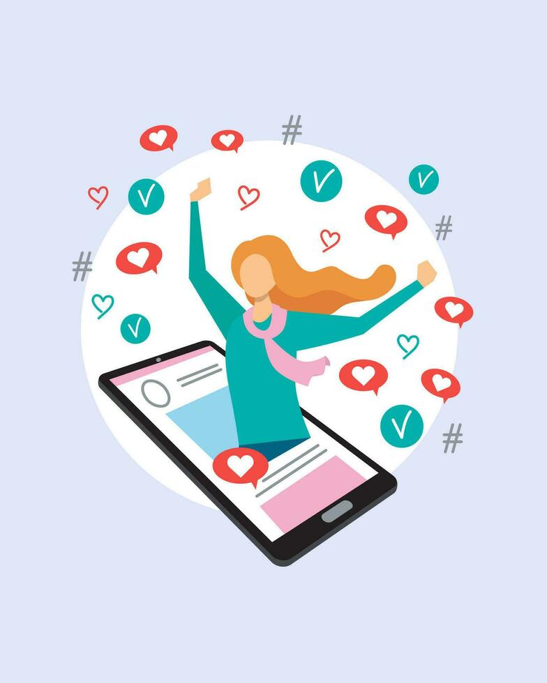 A girl with raised hands rejoices at the victory in a social network. Social media endorsement. Popularity on the Internet. Blogger. Flat vector illustration.