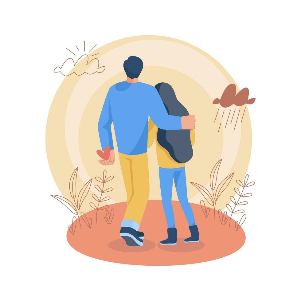 A man and a woman are hugging. Back view. Valentine's Day. The man is holding a heart. Vector flat illustration