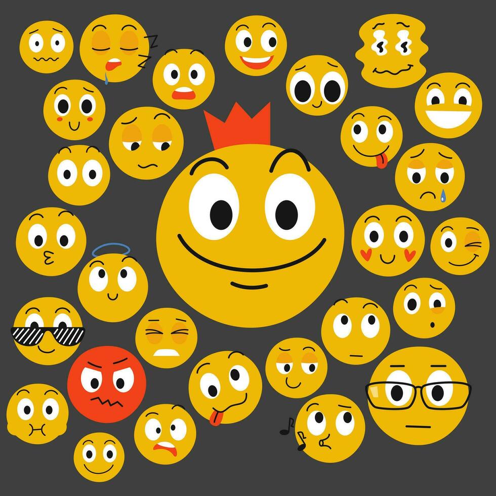 The emoji king and a group of cute emoji characters. Vector flat illustration on a gray background.