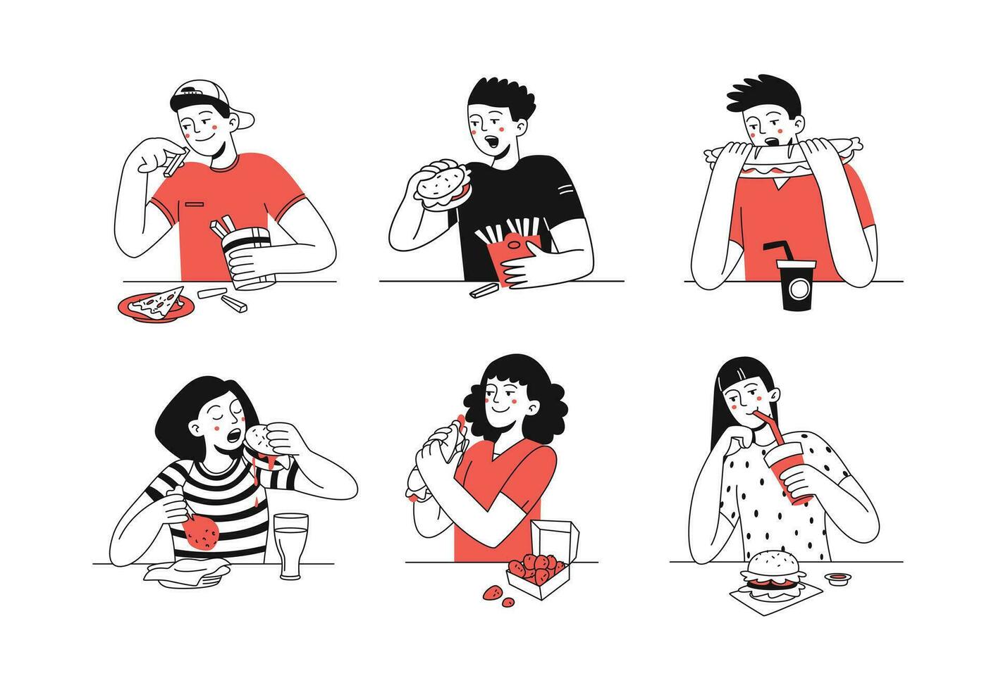 conjunto de contento personas comiendo delicioso rápido alimento. malo bocadillo. insalubre estilo de vida. vector Moda plano ilustración