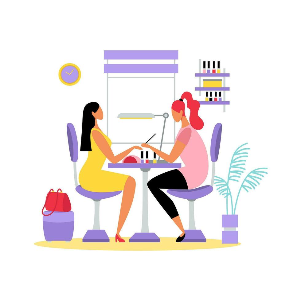 Woman at Beauty salon doing manicure. Nail polish and treatment.Nails bar. Gel laque. Gel polish. Girl nails. Vector  flat cartoon style isolated on white background