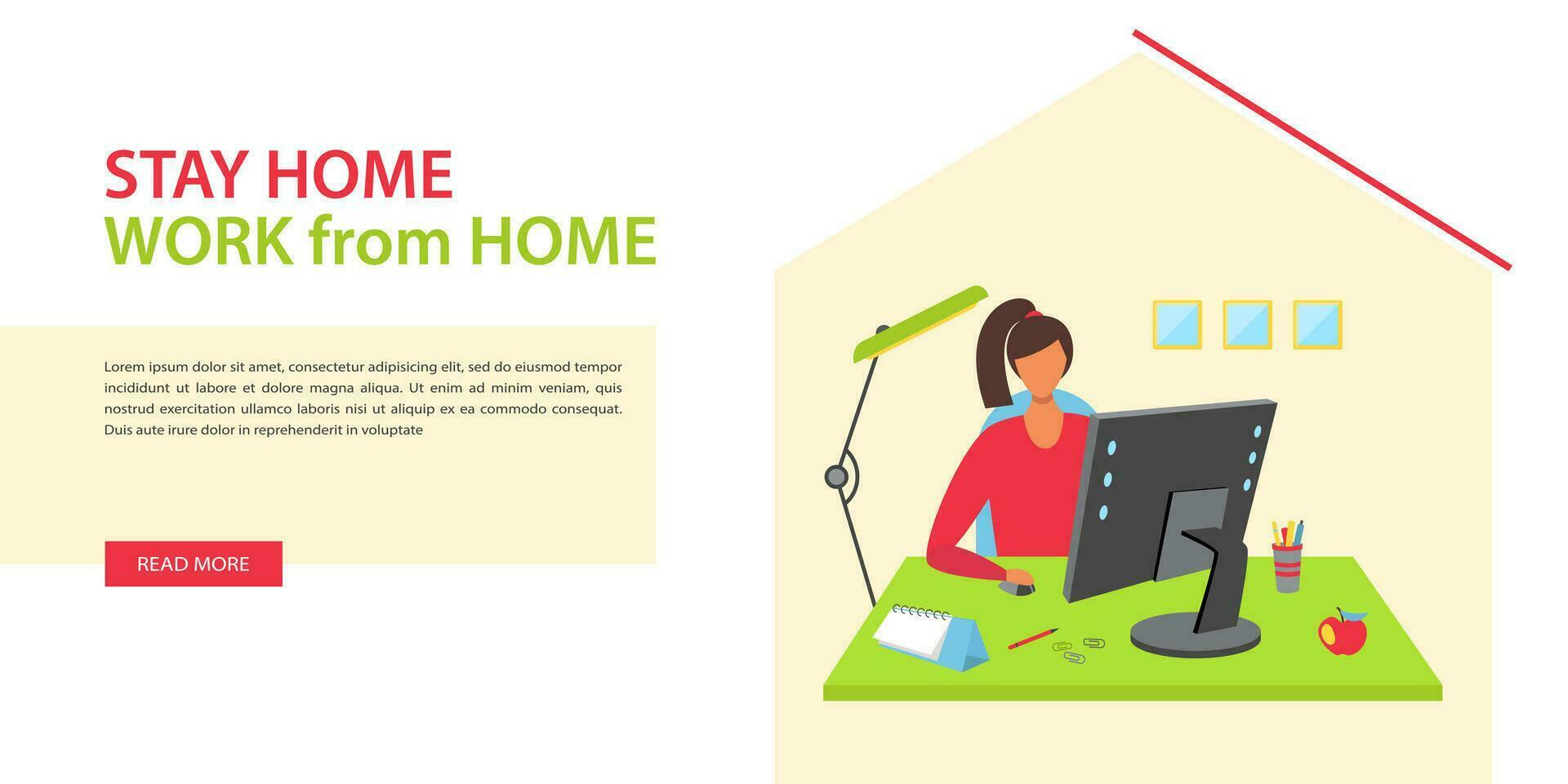 Home office concept, woman working from home sitting at the desk, freelancer or student. Landing page template, web banner. Vector illustration in flat style