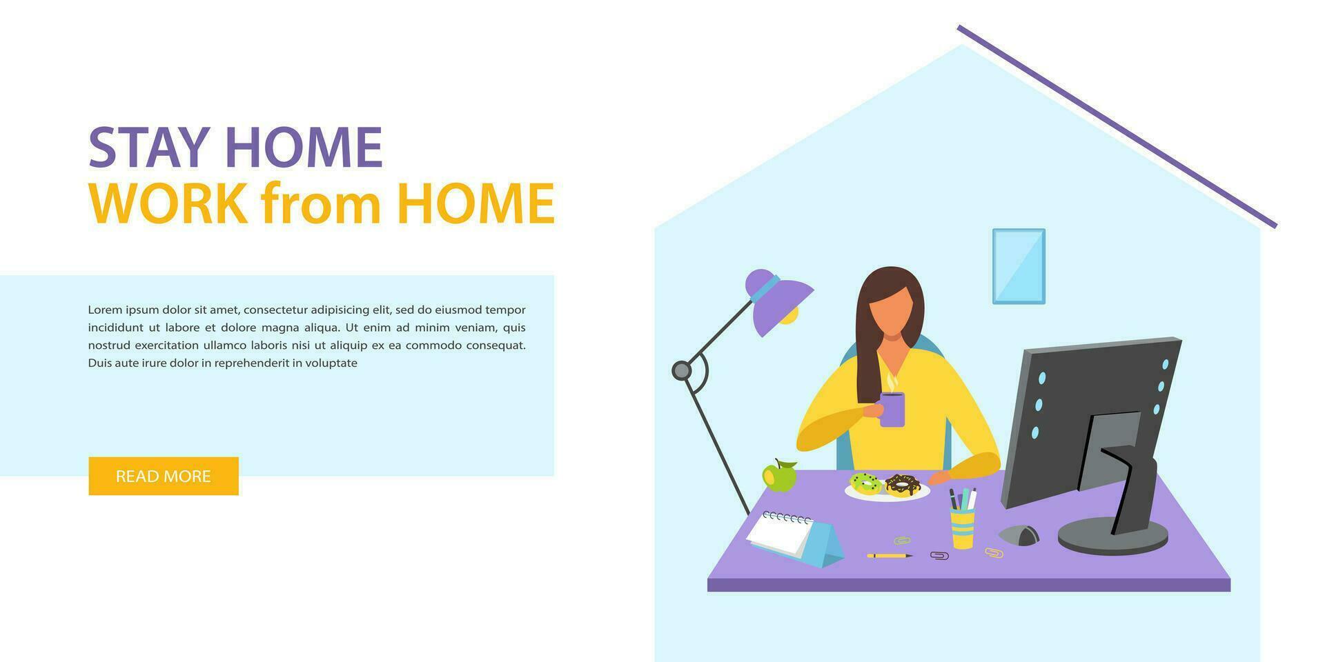 Home office concept, woman working from home sitting at the desk, freelancer or student. Landing page template, web banner. Vector illustration in flat style