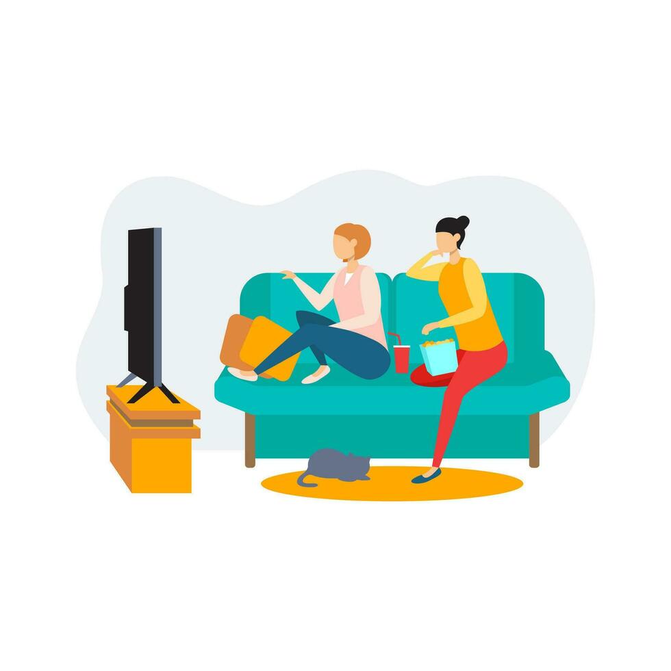 Two girlfriends watching TV together, news, home, lifestyle, friendship vector