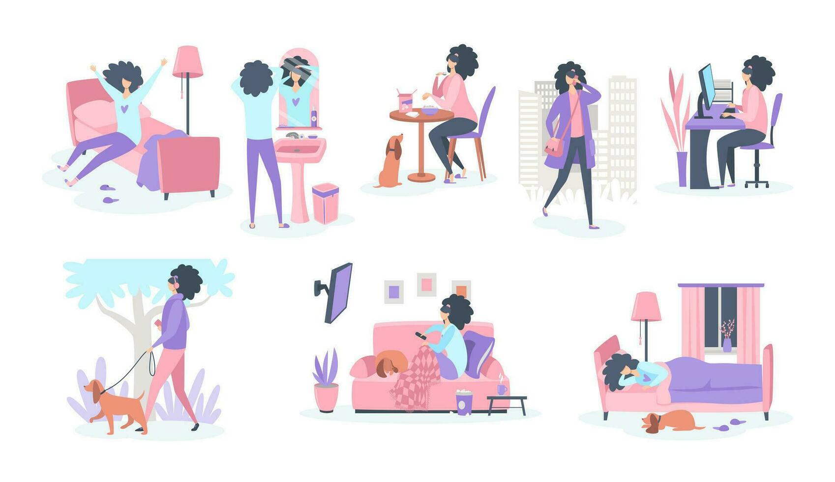 Set the routine life of a woman at home and at work. Vector flat illustration isolated on white background.