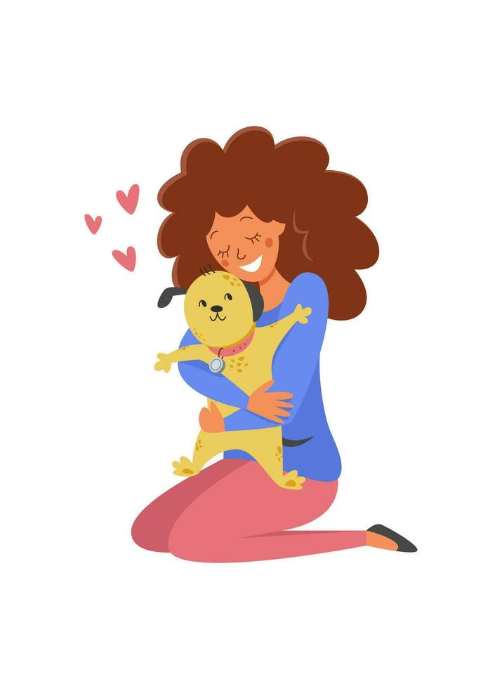 mujer abrazos su perro con amar, el concepto de el relación Entre personas y su mascotas, adoptar, refugio. vector plano ilustración en dibujos animados estilo