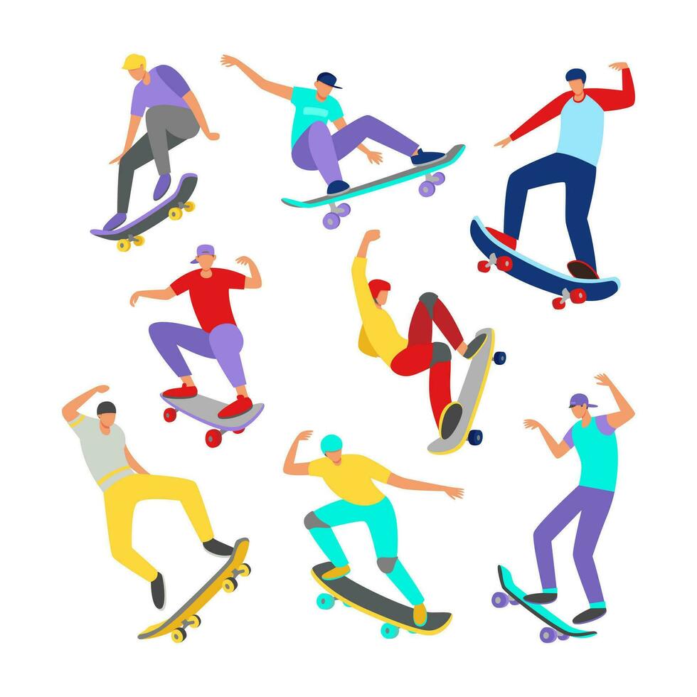 Set of modern skateboarders jumping with skateboards. Contemporary street activity. Vector flat illustration isolated on white background.