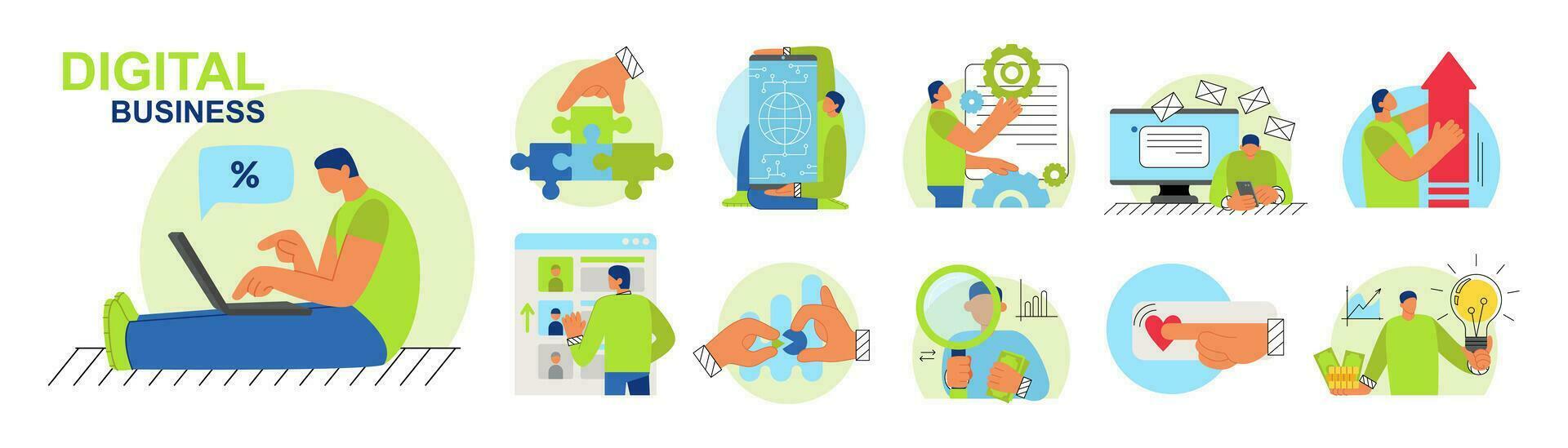 Set of illustrations of business concept. A collection of scenes with the participation of a man in business events. Vector flat illustration