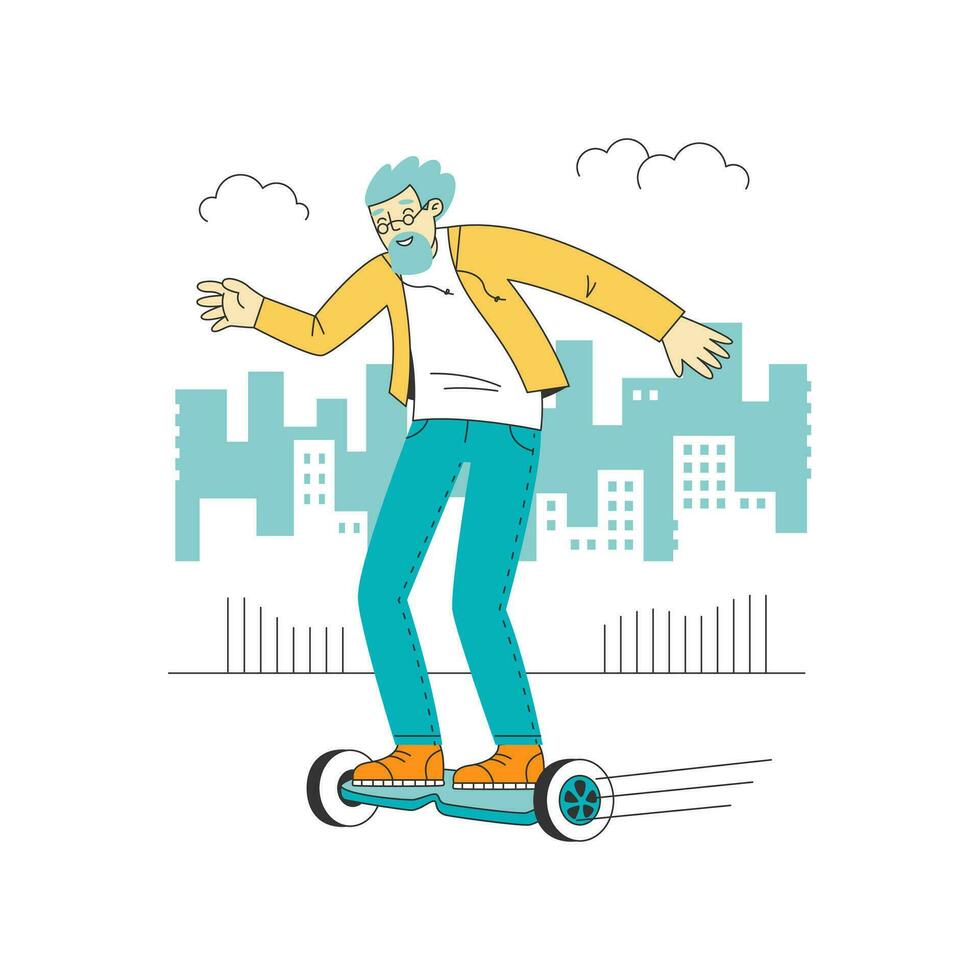 el concepto de más viejo personas y moderno tecnología. contento mayor hombre paseos un hoverboard vector plano ilustración aislado en blanco antecedentes