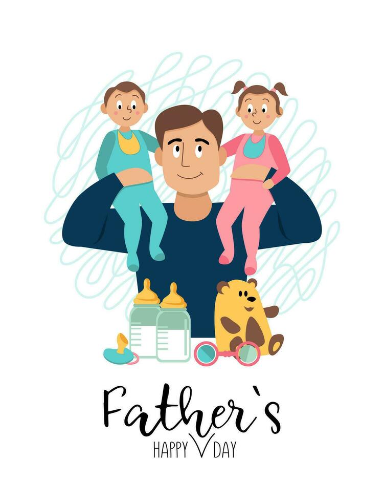 Happy father with his son and daughter in his arms, vector flat illustration. Father's day