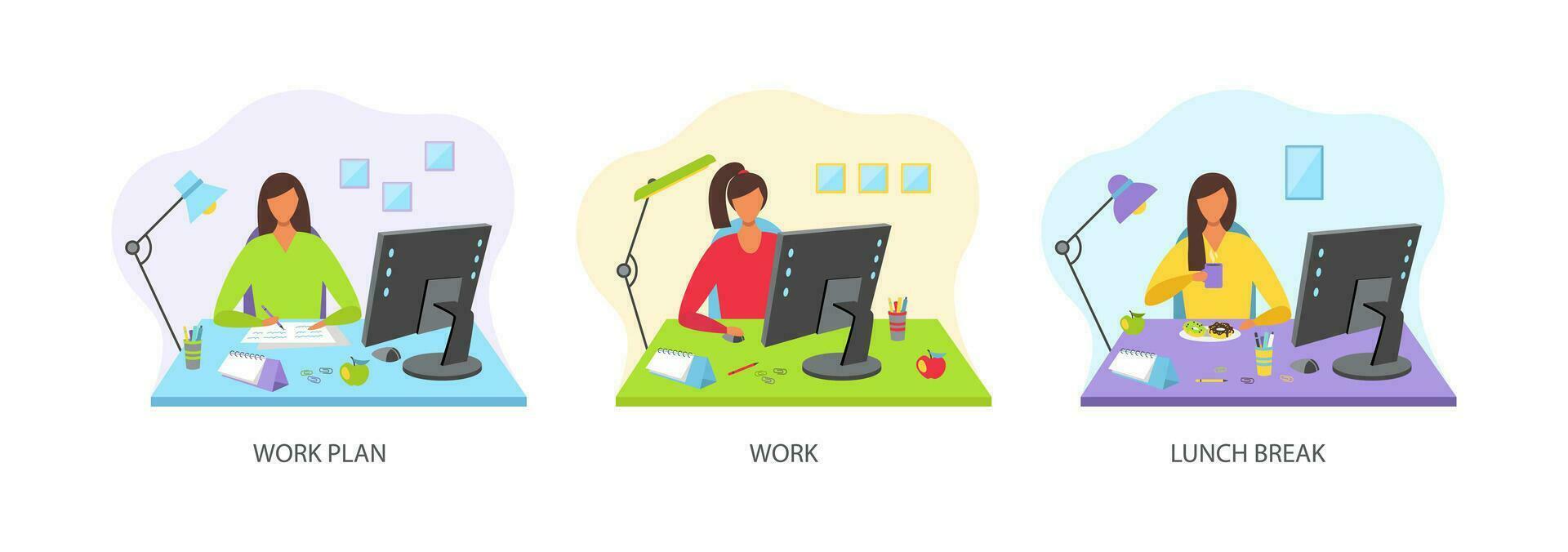 Home Office. Stay at home. The concept of working at home, women make a work plan, work at the computer, lunch break. Vector flat illustration