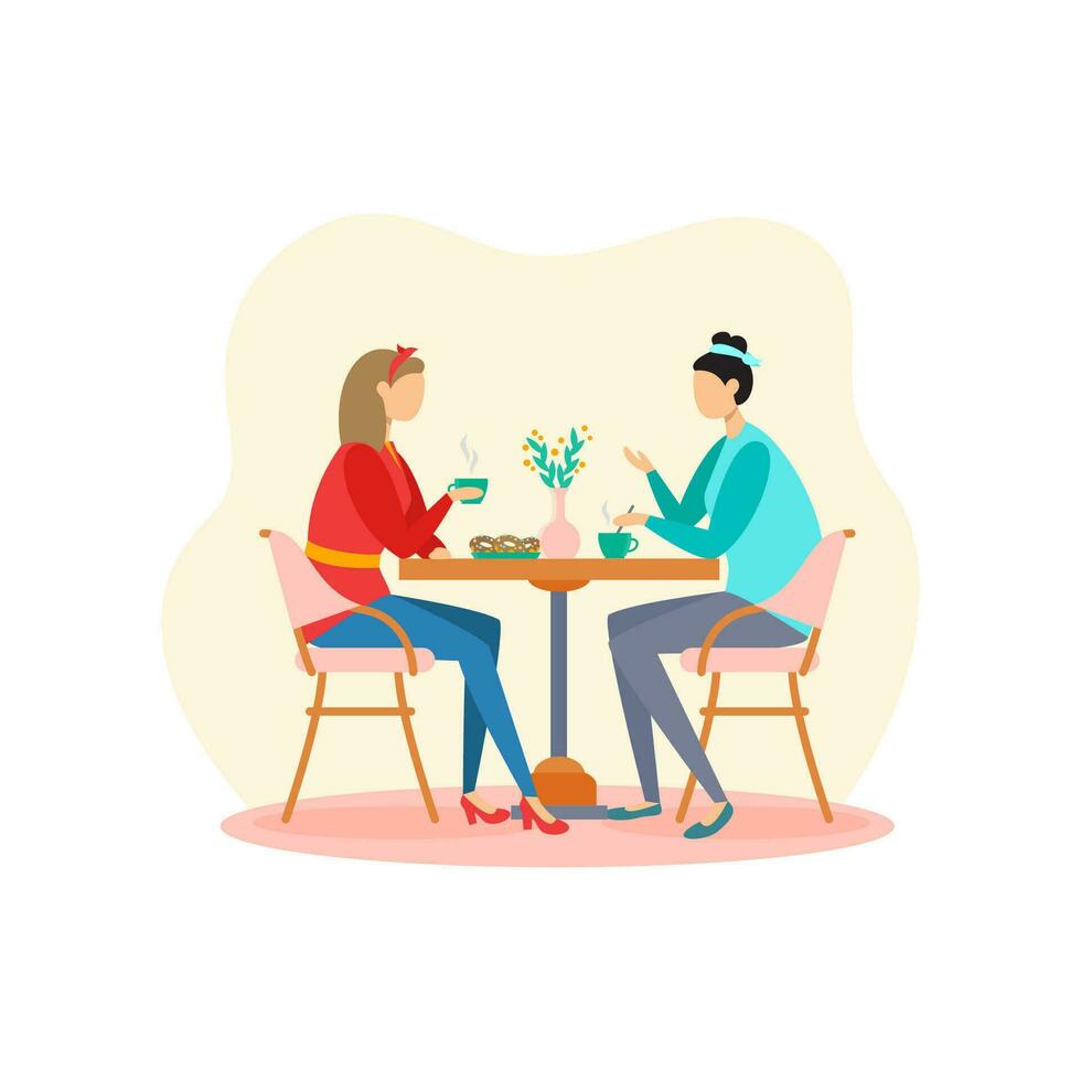 Two friends are sitting at a table and drinking tea in a cafe, talking, friendship day. Color illustration, flat design. vector