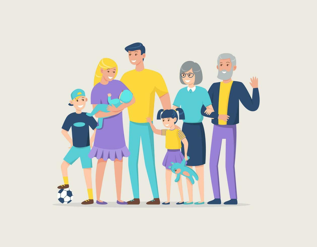 Happy big family. Father, mother, grandfather, grandmother, children. Vector flat illustration