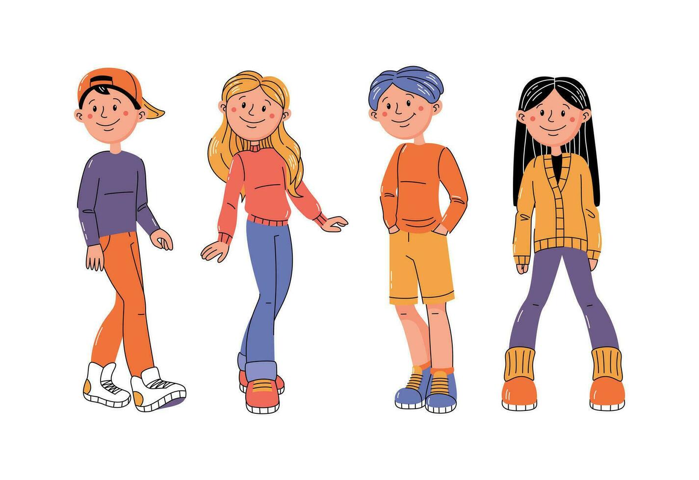 Happy boys and girls. Schoolchildren, teenagers. Vector flat line illustration