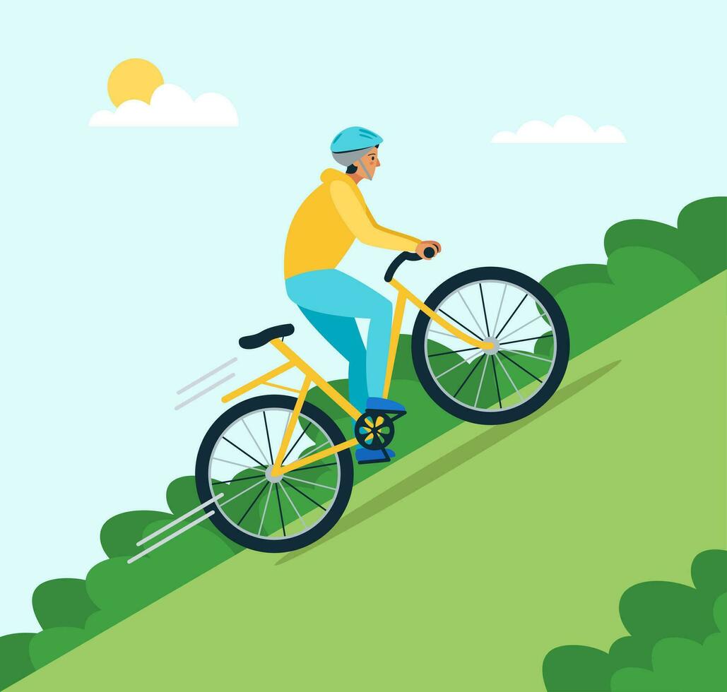 Biker man in a helmet rides uphill, sun, clouds, plants. Vector flat style illustration.