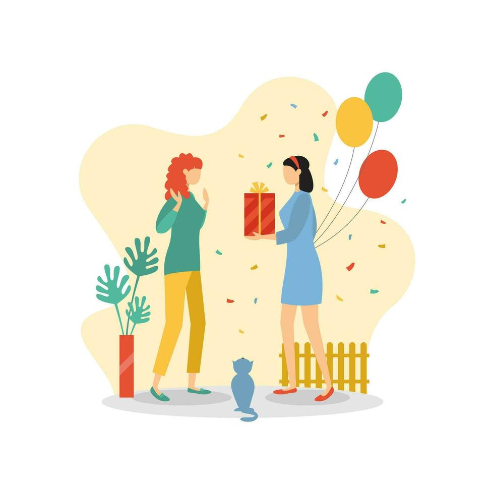 un mujer da su amigo un regalo. amistad. relaciones vector plano ilustración