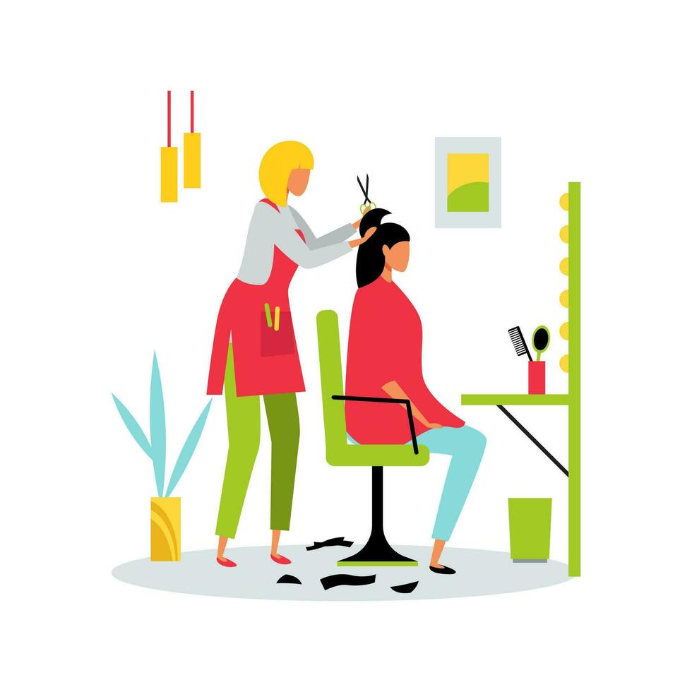 A hairdresser cuts a client's hair in a beauty salon. Girl in a beauty salon. The concept of fashion, style, personal care. Isolated flat illustration. vector