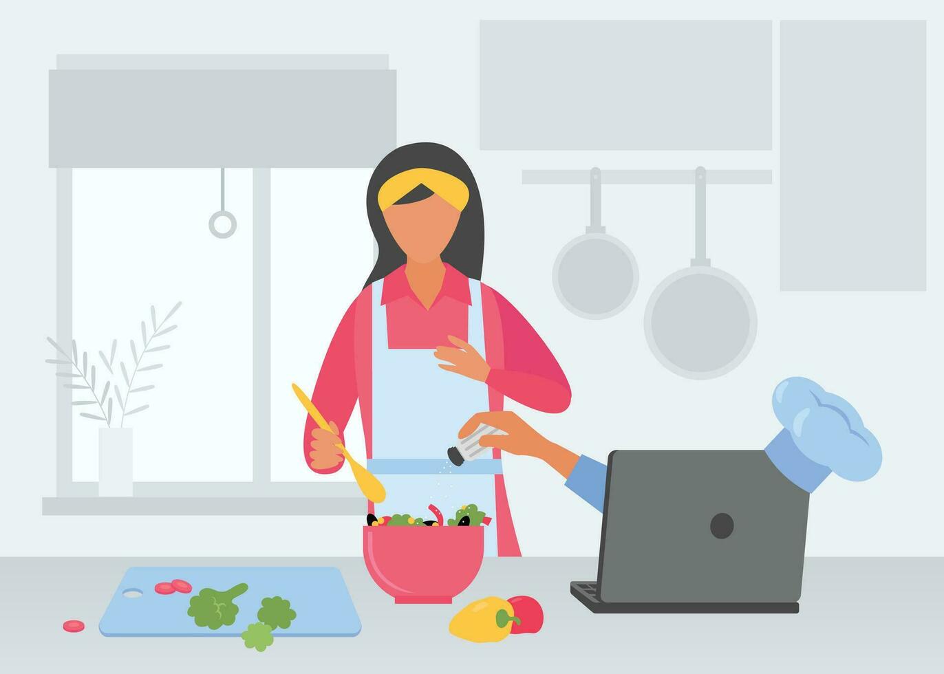 en línea Cocinando escuela. un mujer prepara y mira a un en línea receta, el cocinero enseña cómo a cocinar un nuevo receta. en línea capacitación, distancia aprendiendo, seminarios web plano vector. vector