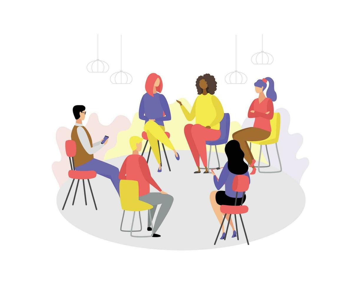 Modern office life, communication of a group of people Employees sit around in an open office, one speaks, everyone listens. Black boss. Flat vector illustration.