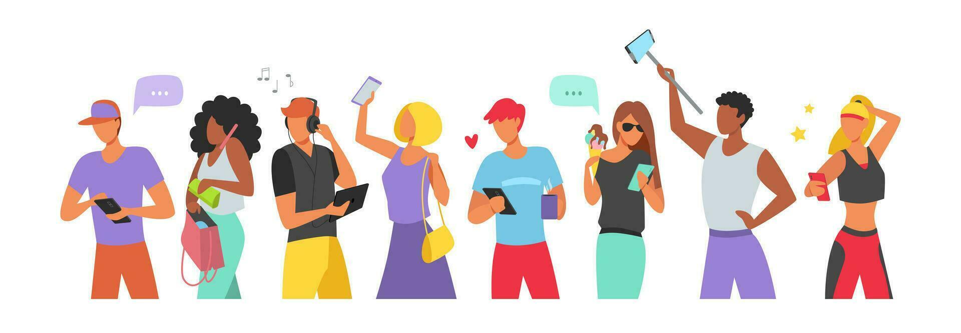 hombres y mujer utilizar teléfonos inteligentes a comunicar. teléfono como un fuente de información. Internet adiccion. personas y artilugio. caracteres recopilación. vector plano ilustración