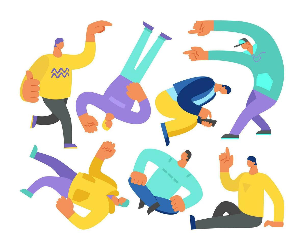 Set of different isolated men in different poses. Sits, points, runs, looks at a smartphone, stands and other poses. Vector flat illustration