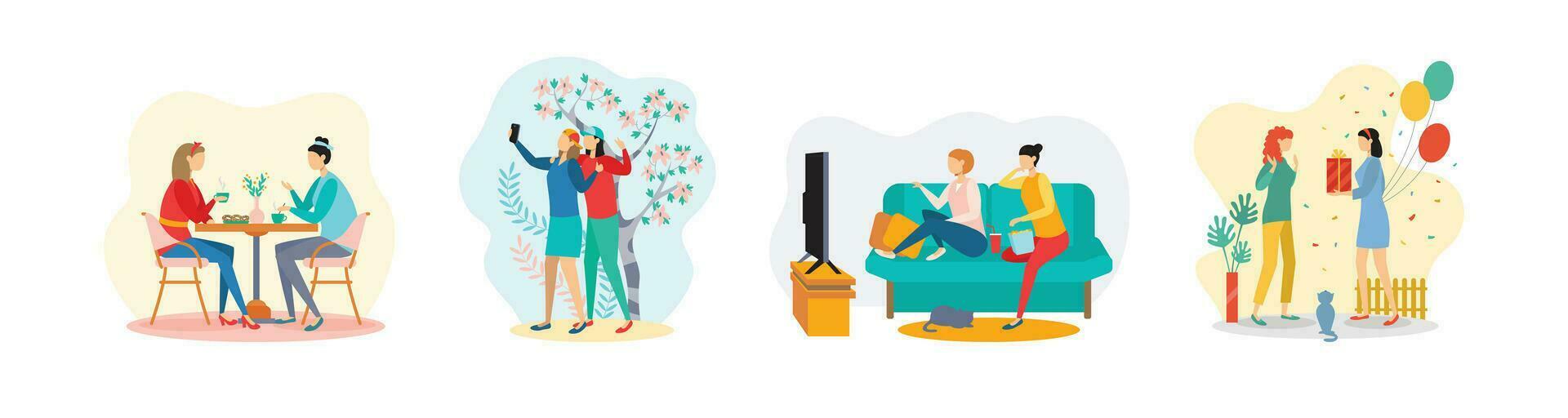 Friendship. Flat set of friends in different actions. They give each other gifts, chat in a cafe, watch TV together, take a selfie together. Vector illustration