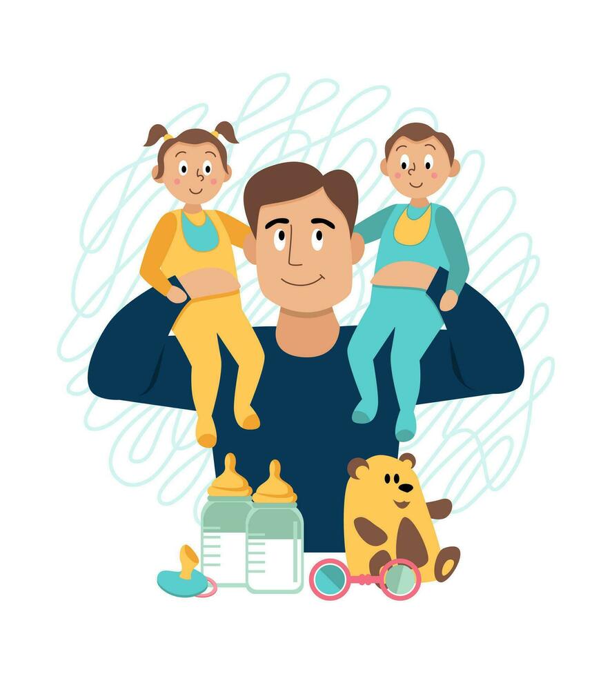 Happy father with his son and daughter in his arms vector