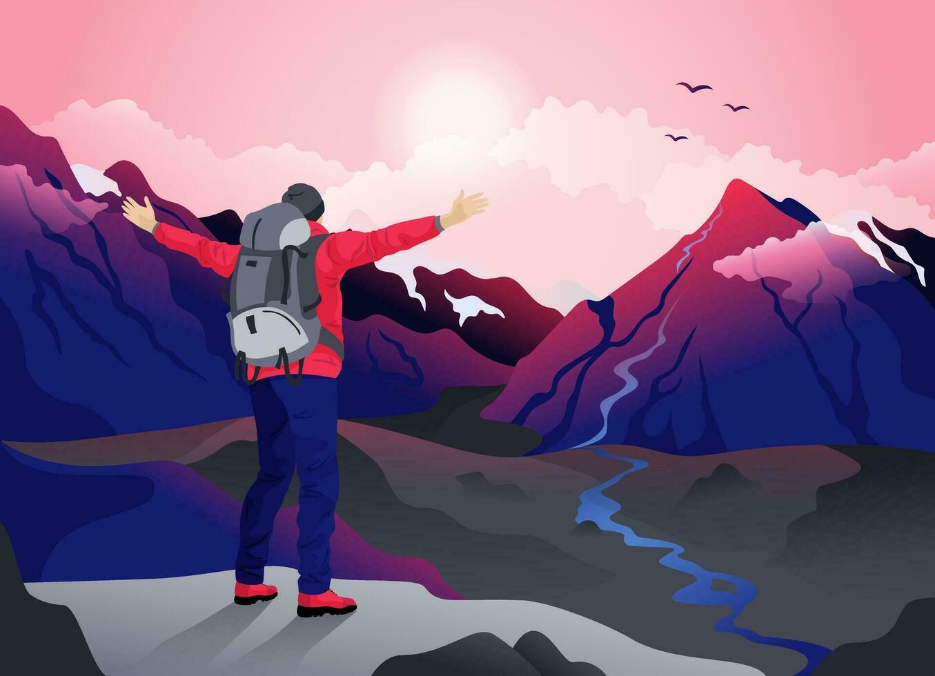 viajero con un mochila en pie en parte superior de un rock o montaña con su manos arriba. vector ilustración de aventuras turismo y viajar, descubrimiento, exploración, senderismo.