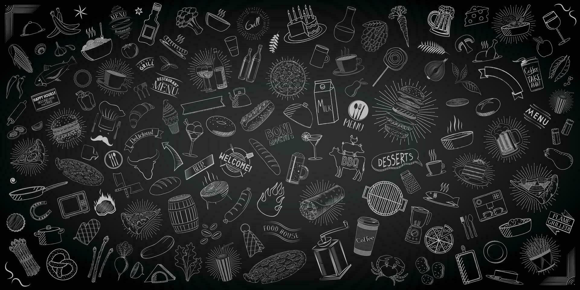 Set of Restaurant Doodles - Food and Drinks - on Black Background vector