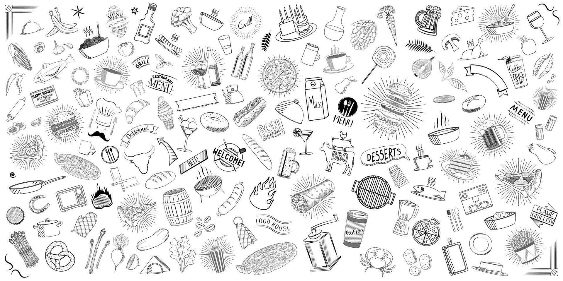 Set of Restaurant Doodles - Food and Drinks - on White Background vector