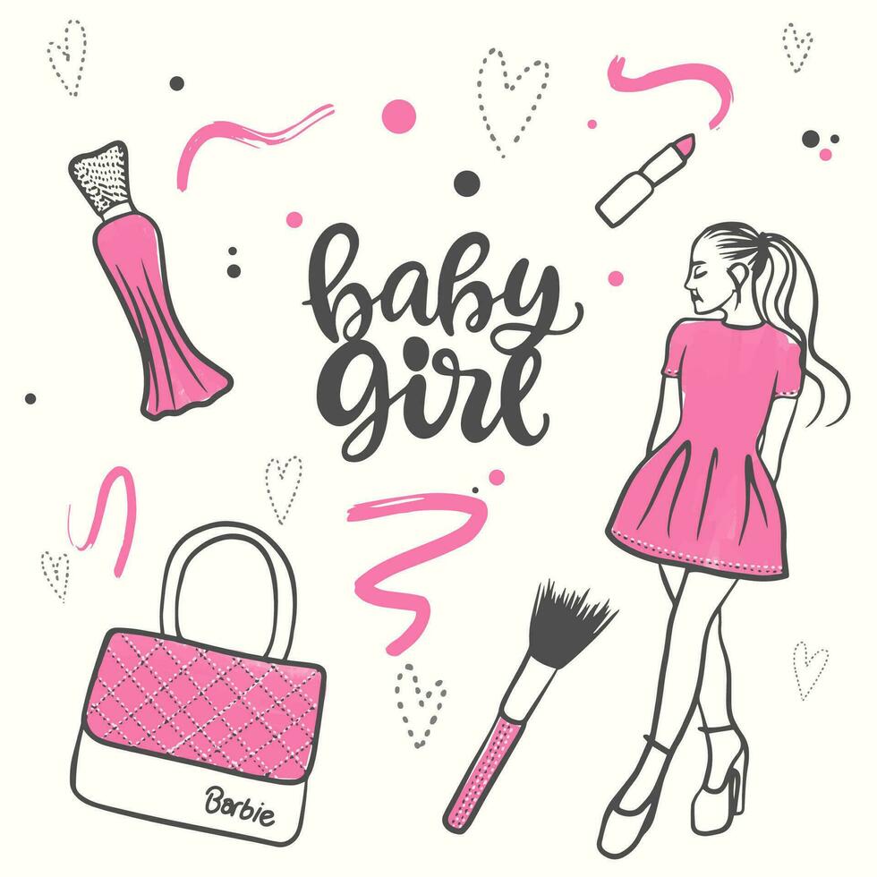 Stylish set of beautiful cosmetics, pink doll accessories vector