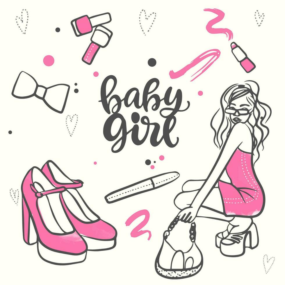 Beautiful girl set, doll accessories in pink doodle vector