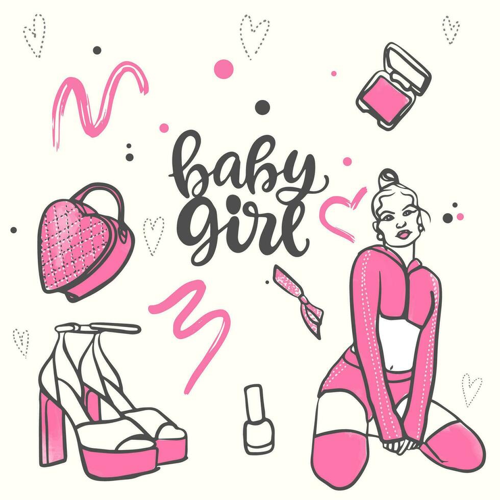 Fashion girl, pink doodle style doll accessories set vector