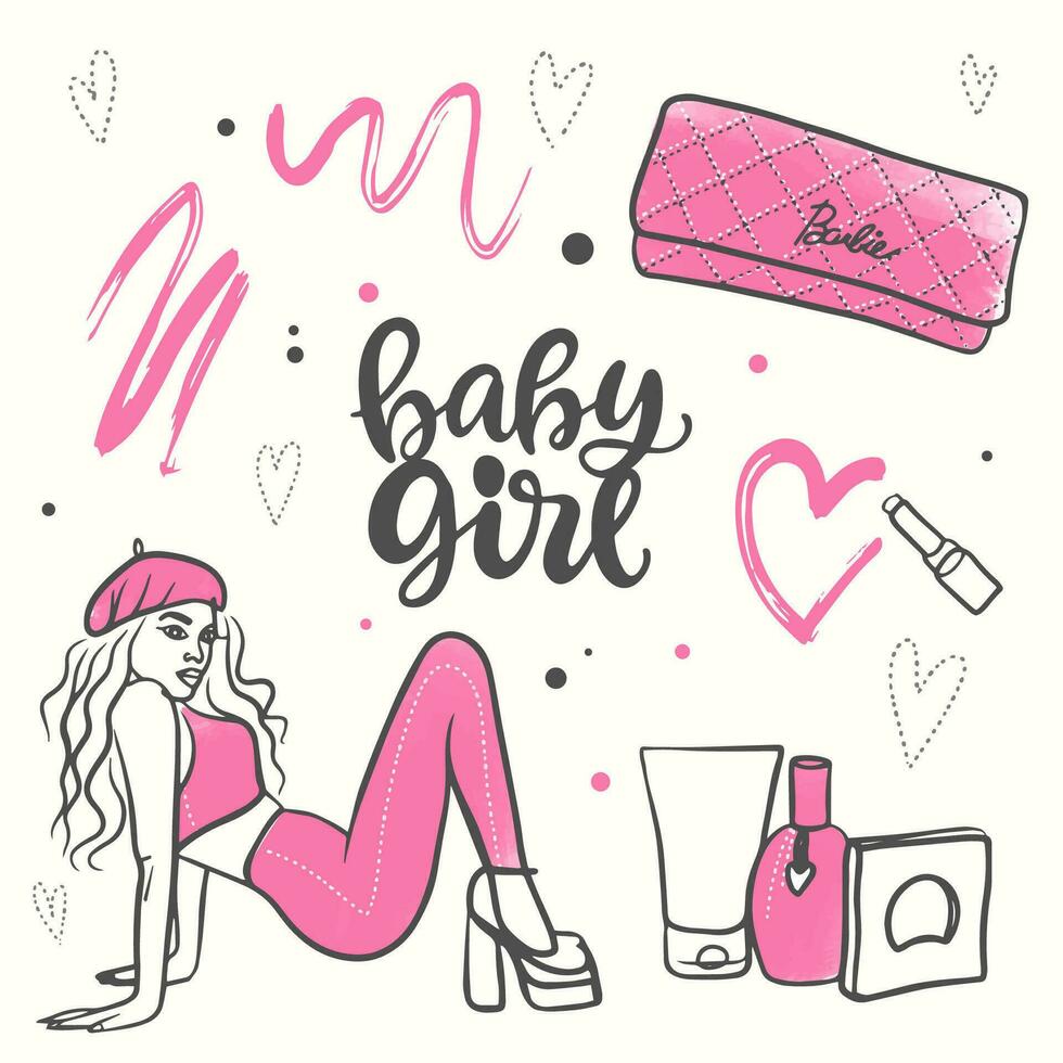 elegante conjunto de Moda accesorios bebé niña en rosado color, muñeca vector