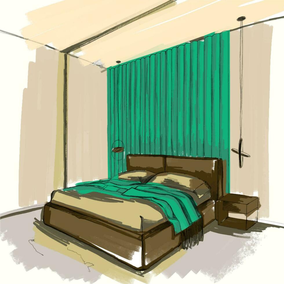 Interior design, bedroom sketch, pastel paint colors, modern vector