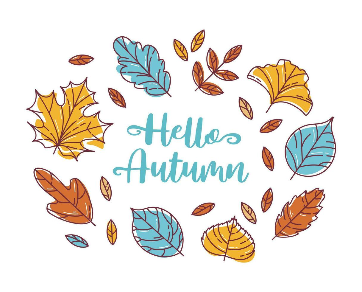 Hello, Autumn. Wreath made of colorful modern autumn leaf. Maple and rowan, ginkgo biloba, Codiaeum, lilac, linden and oak, elm and poplar. sketch style. Frame for stickers, posters, postcards vector