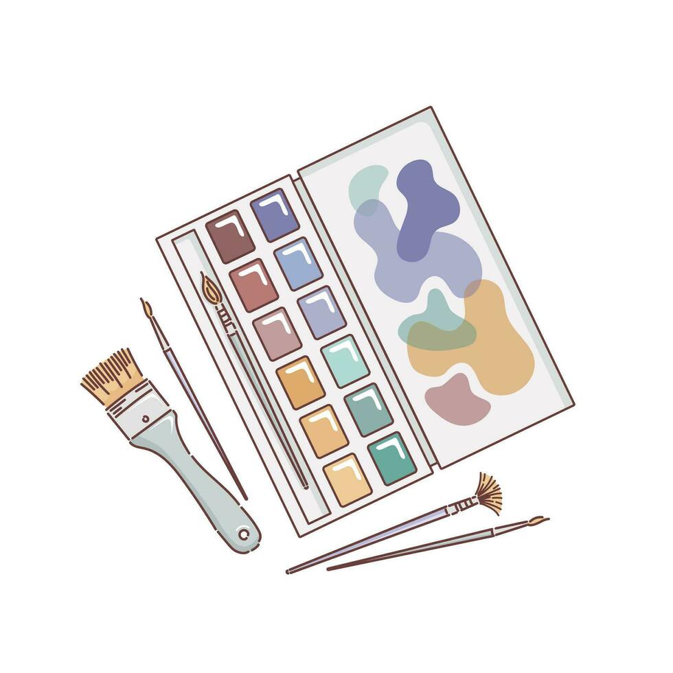 Watercolor paints in cuvettes, a palette, a set of different artistic brushes. Round and flat, flute brush and fan. Vector illustration in doodle style. painting supplies. Isolate, pastel colors