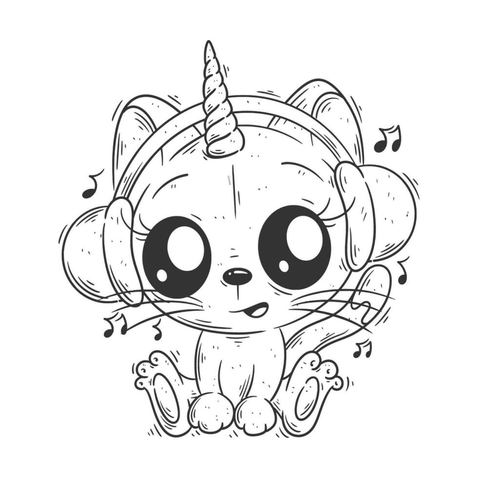 linda unicornio gato sentado y escuchando a música para colorante vector